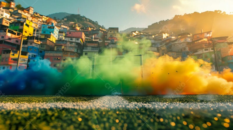 Imagem de fundo de campo de futebol na favela com fumaça colorida 8