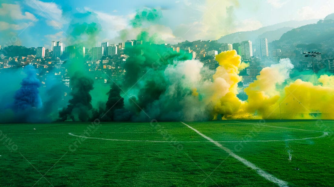 Fumaça colorida em campo de futebol