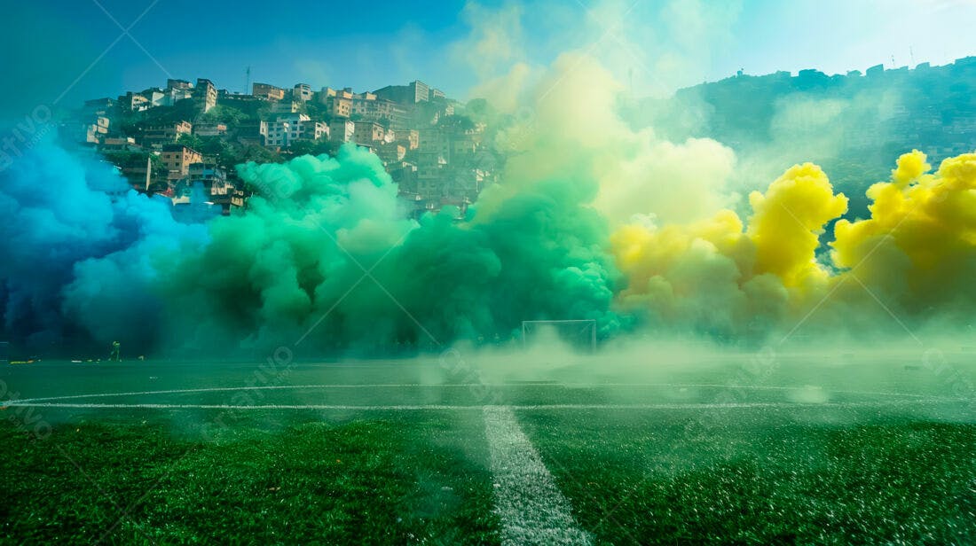 Fumaça colorida em campo de futebol