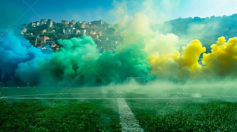Imagem de fundo de campo de futebol na favela com fumaça colorida 10