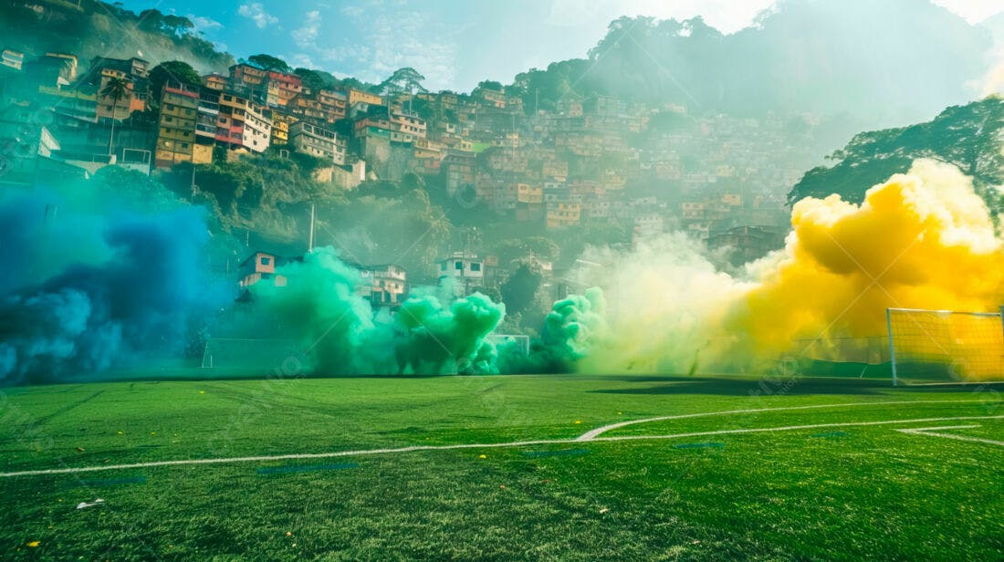 Fumaça colorida em campo de futebol favela