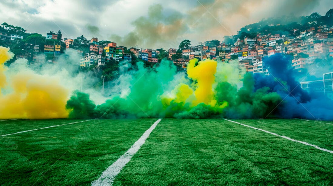 Campo de futebol com fumaça colorida