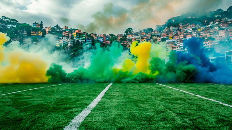 Imagem de fundo de campo de futebol na favela com fumaça colorida 12