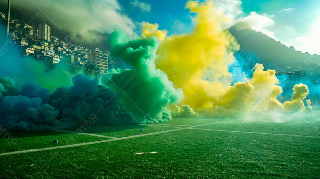 Campo de futebol com fumaça colorida