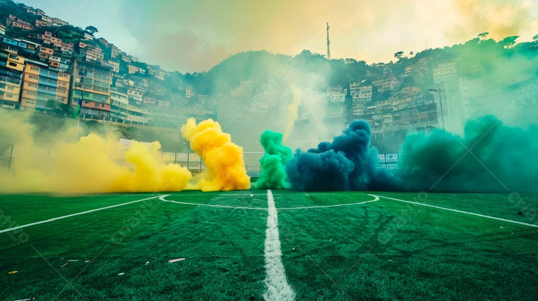Fumaça colorida em campo de futebol