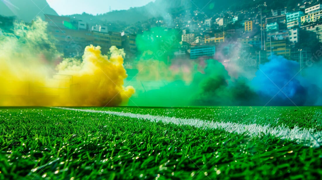 Campo de futebol com fumaça colorida