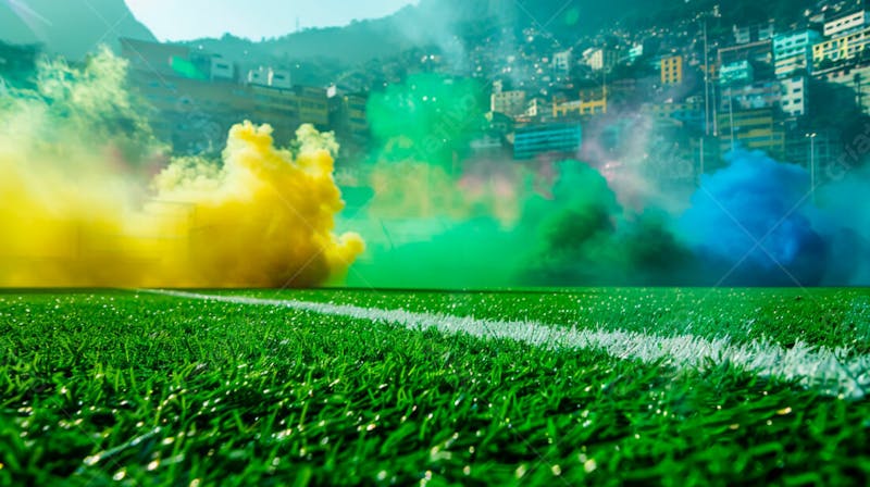 Imagem de fundo de campo de futebol na favela com fumaça colorida 15