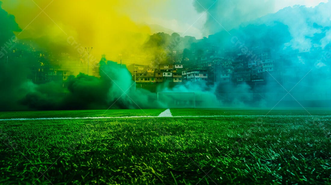 Campo de futebol com fumaça verde e amarela