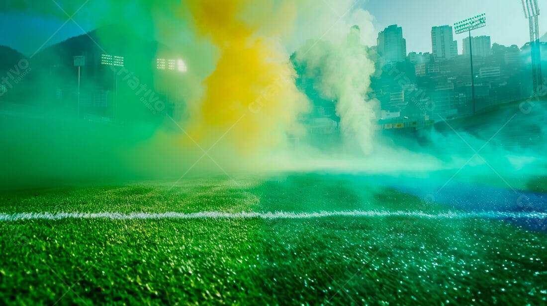 Campo de futebol com fumaça verde e amarela