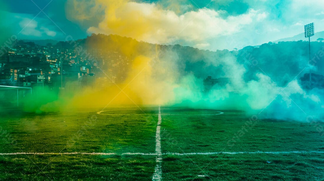Campo de futebol com fumaça verde e amarela