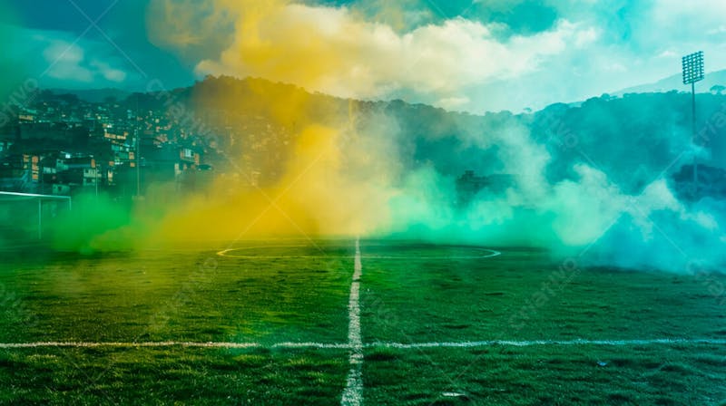 Imagem de fundo de campo de futebol na favela com fumaça colorida 18