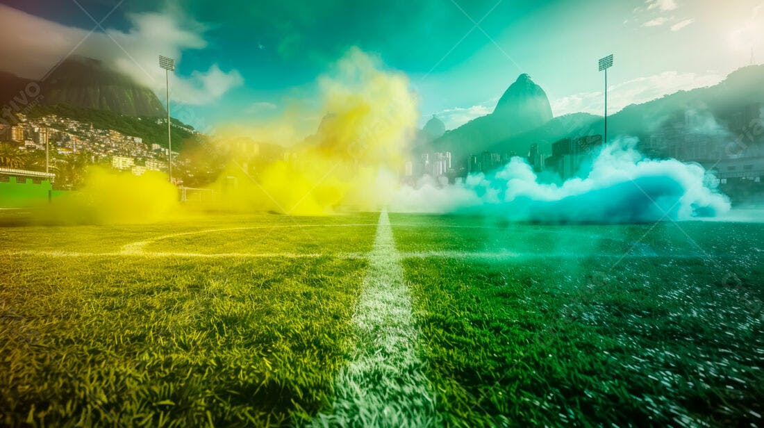 Campo de futebol com fumaça amarela e azul