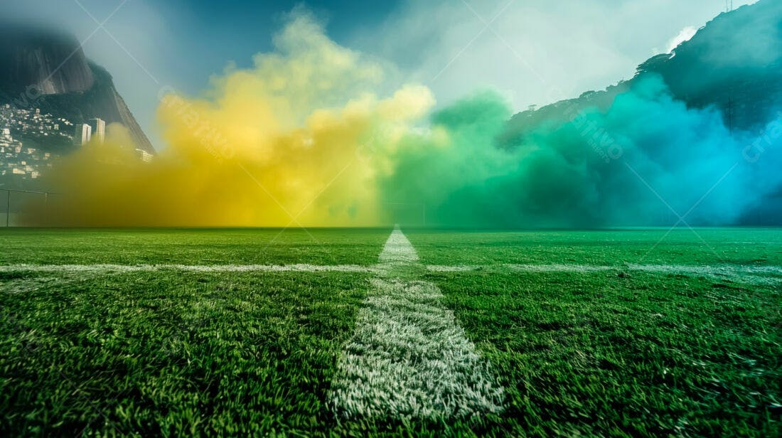 Campo de futebol com fumaça amarela e azul