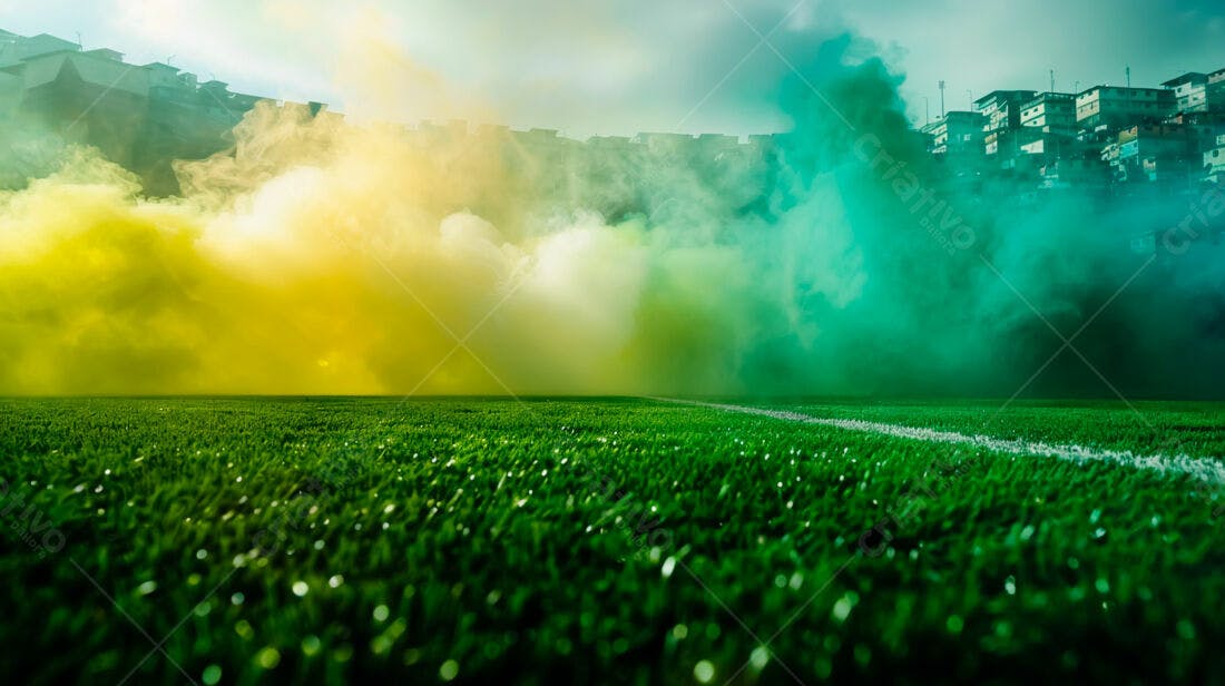 Campo de futebol com fumaça amarela e verde