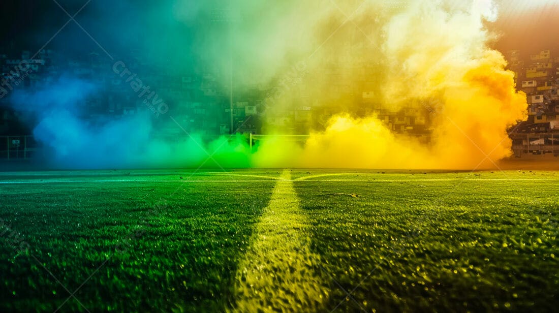 Campo de futebol com fumaça colorida