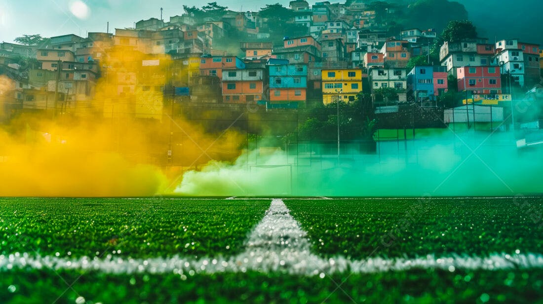 Campo de futebol com fumaça amarela e verde favela ao fundo