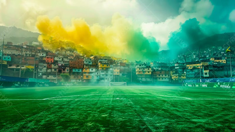 Imagem de fundo de campo de futebol na favela com fumaça colorida 25