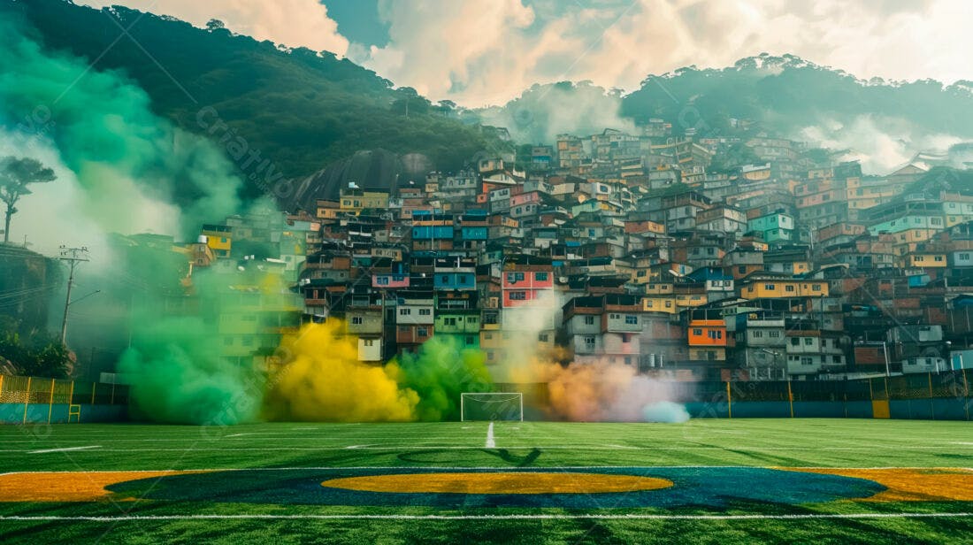 Campo de futebol com favela ao fundo e fumaça colorida