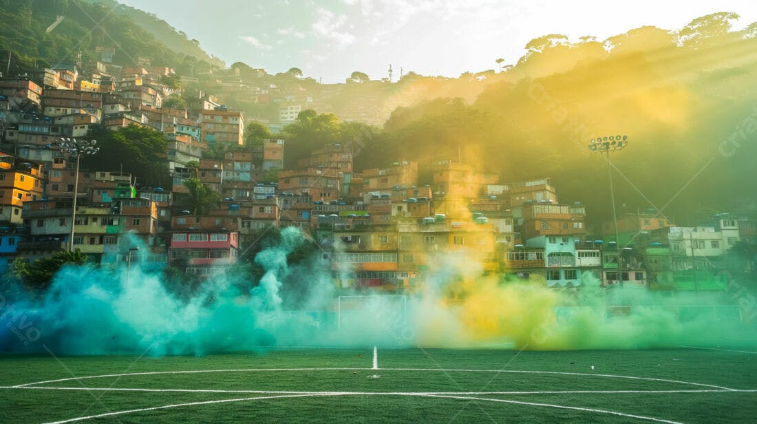 Favelas coloridas com fumaça verde e amarela em campo de futebol