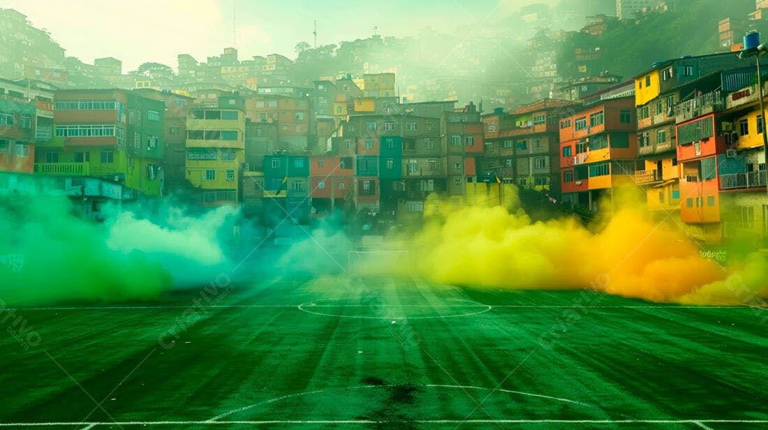 Campo de futebol com fumaça verde e amarela favela