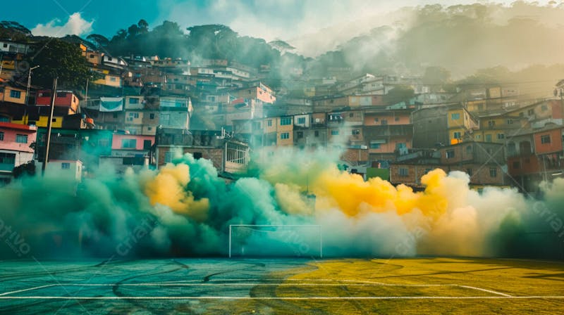 Imagem de fundo de campo de futebol na favela com fumaça colorida 29