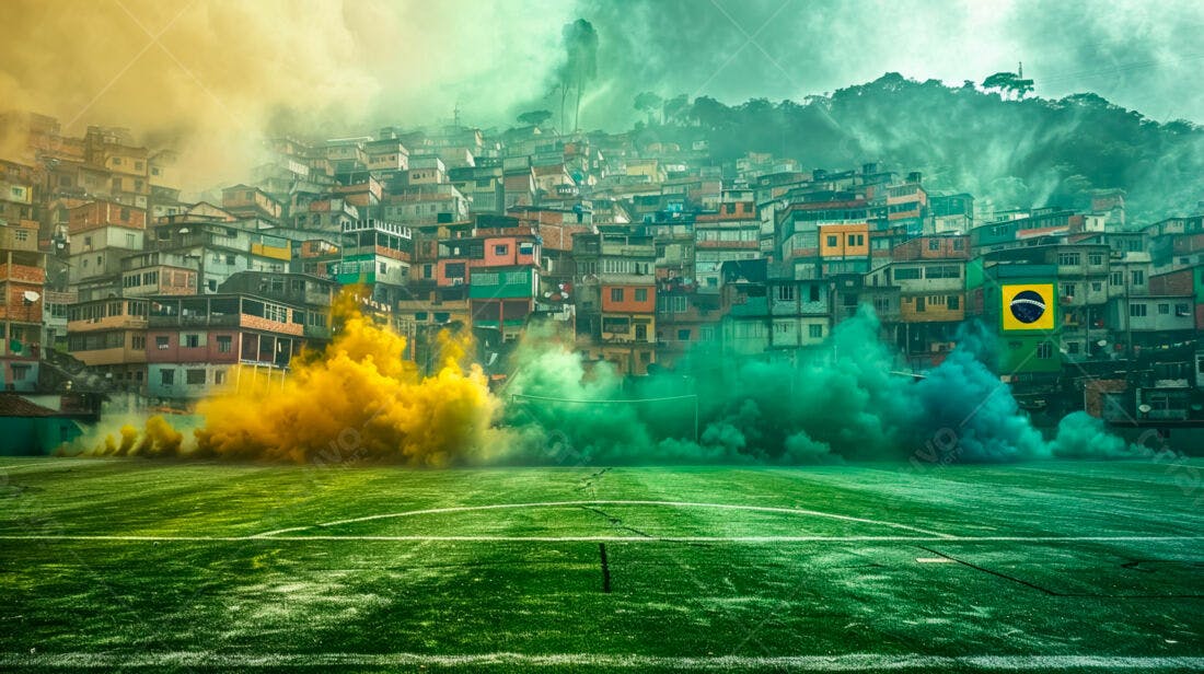 Campo de futebol com fumaça verde e amarela favela ao fundo