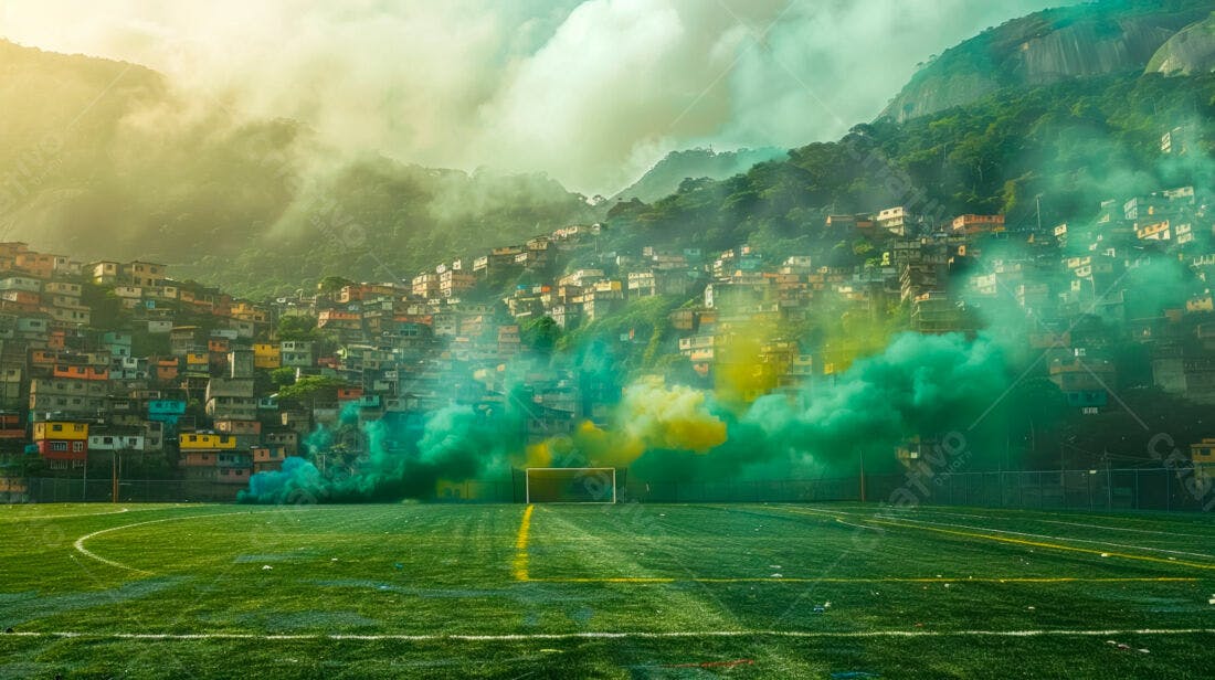 Campo de futebol com fumaça verde e amarela favela ao fundo