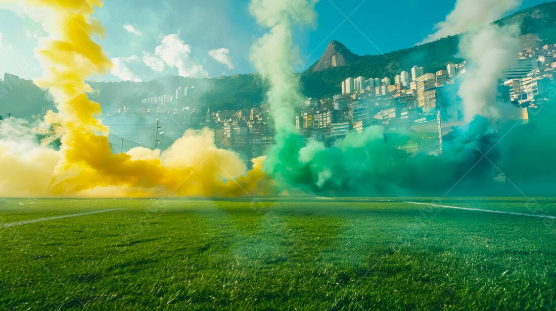 Fumaça amarela e verde em campo de futebol