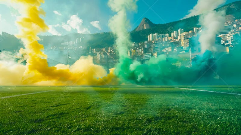 Imagem de fundo de campo de futebol na favela com fumaça colorida 32