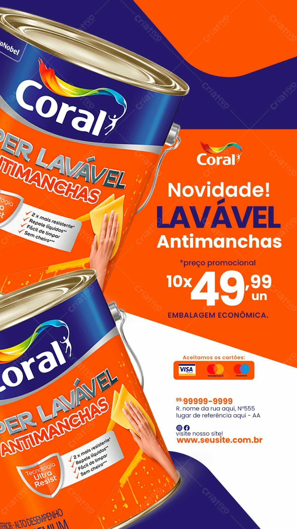 Flyer Promoção Tinta Coral Lavável Antimanchas PSD Editável