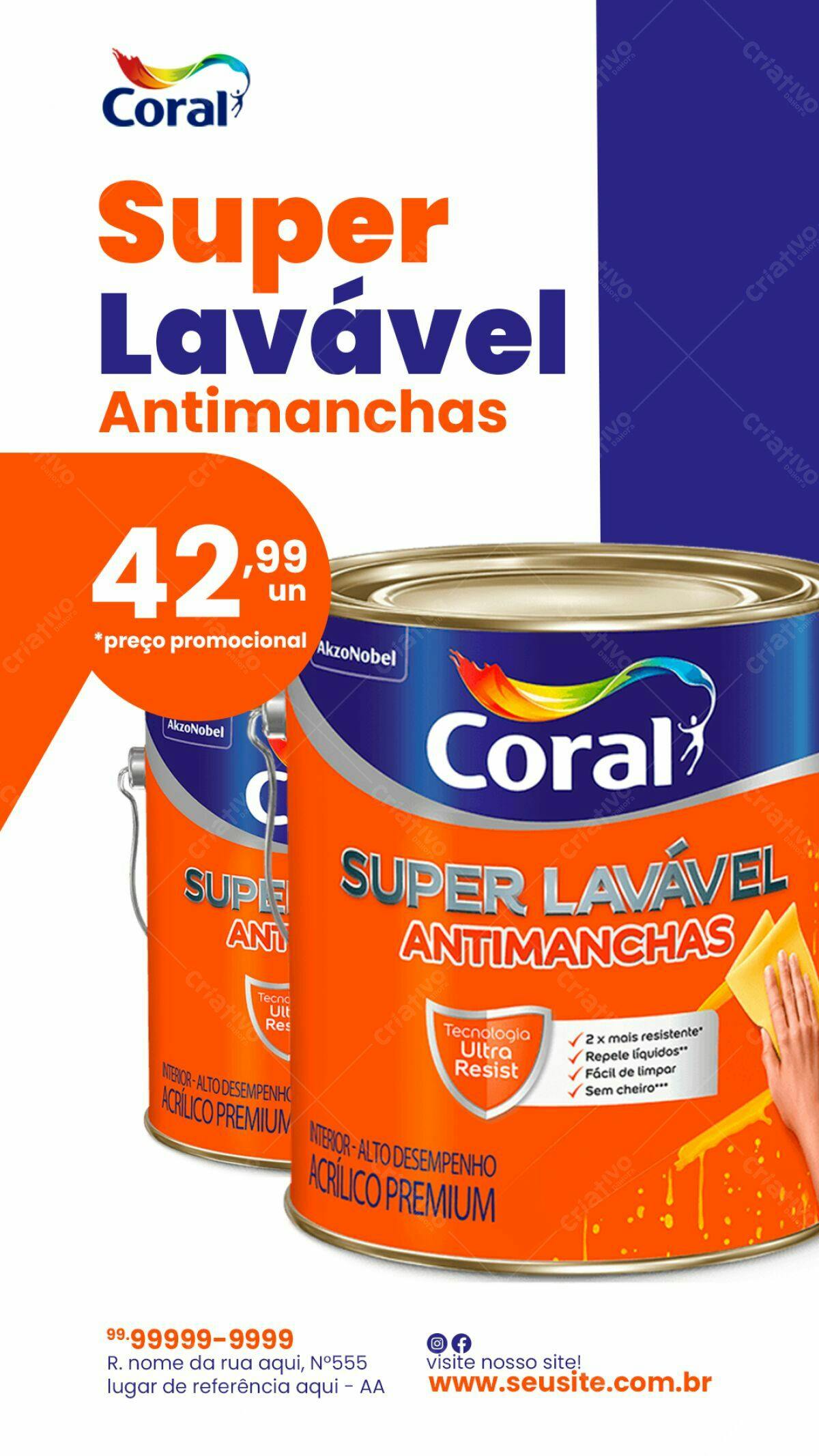 Flyer Promoção Tinta Coral Super Lavável Antimanchas PSD Editável