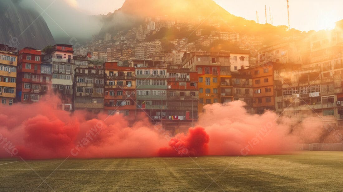Fumaça vermelha em campo de futebol perto de favela