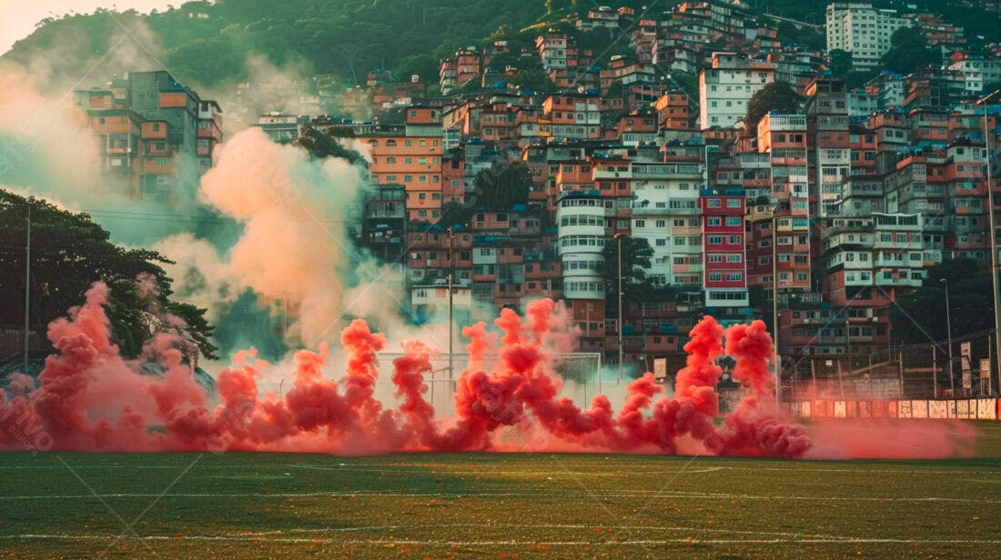 Fumaça vermelha em campo de futebol favela