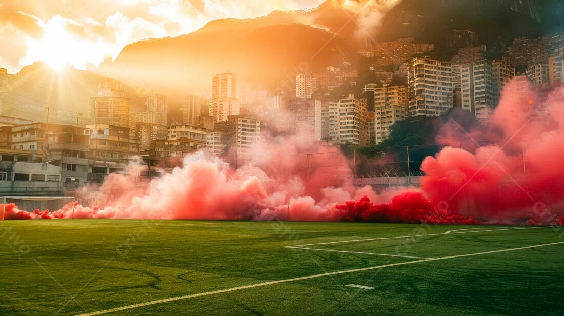 Fumaça vermelha em campo de futebol ao pôr do sol
