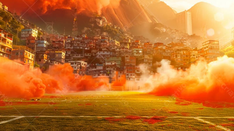 Imagem de fundo campo de futebol na favela com fumaça vermelha 4