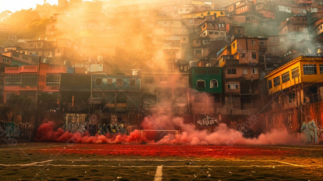 Campo de futebol com fumaça vermelha favela