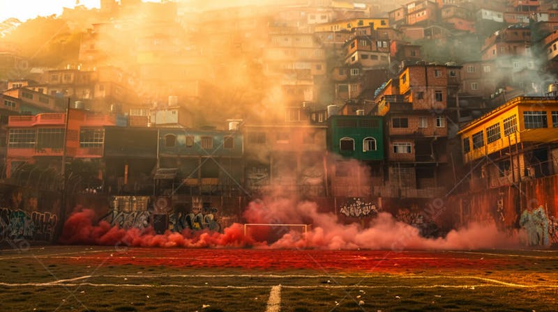 Imagem de fundo campo de futebol na favela com fumaça vermelha 5