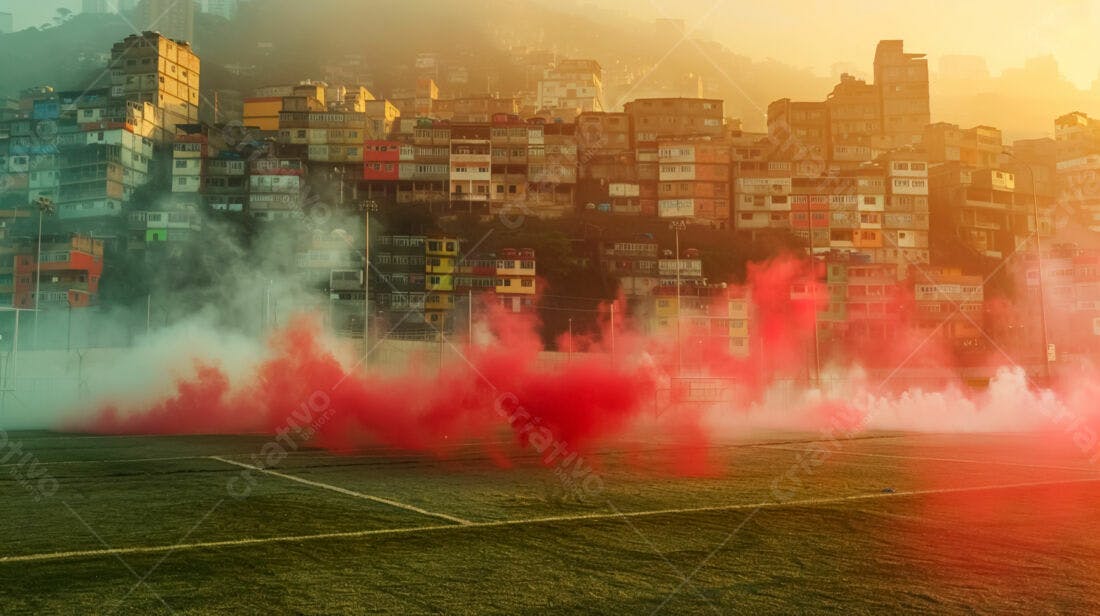 Fumaça vermelha em campo de futebol favela