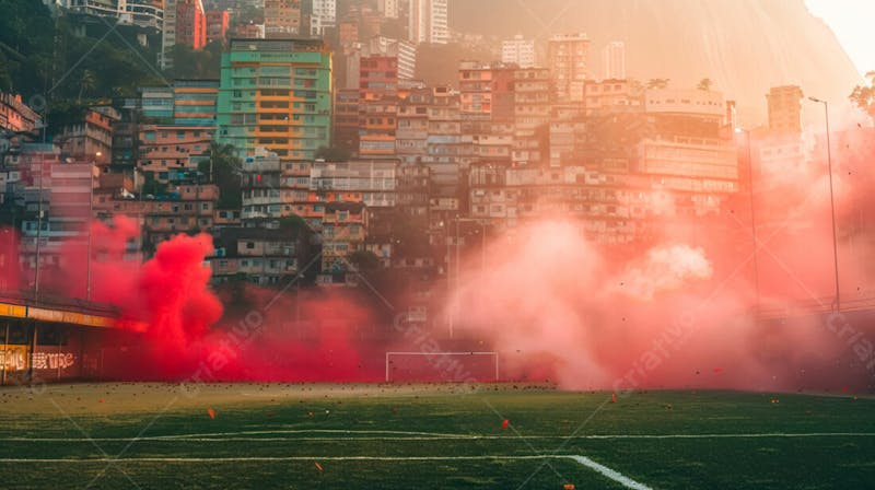 Imagem de fundo campo de futebol na favela com fumaça vermelha 7