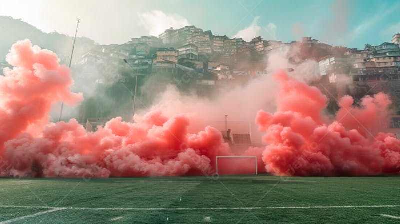Imagem de fundo campo de futebol na favela com fumaça vermelha 8