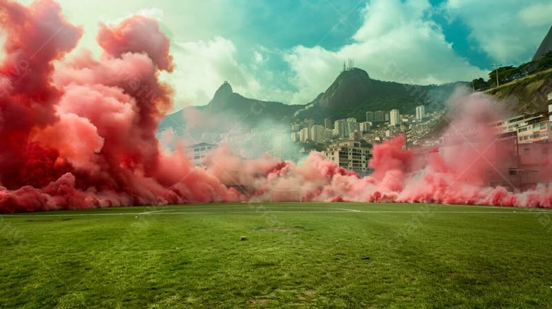 Imagem de fundo campo de futebol na favela com fumaça vermelha 9