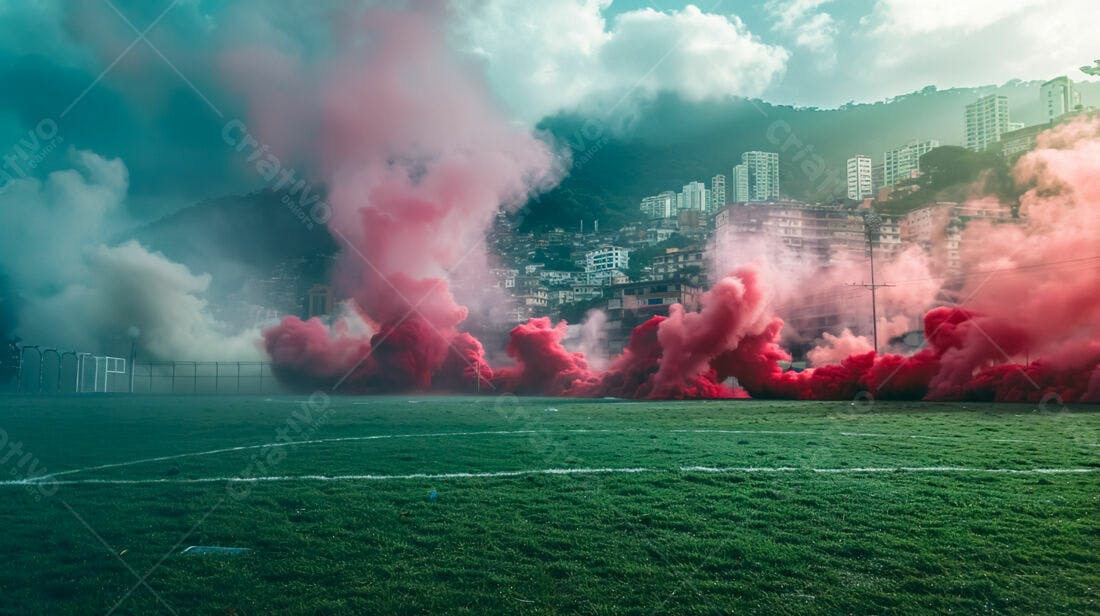 Campo de futebol com fumaça rosa e cidade ao fundo