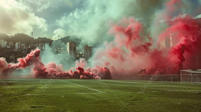 Imagem de fundo campo de futebol na favela com fumaça vermelha 11
