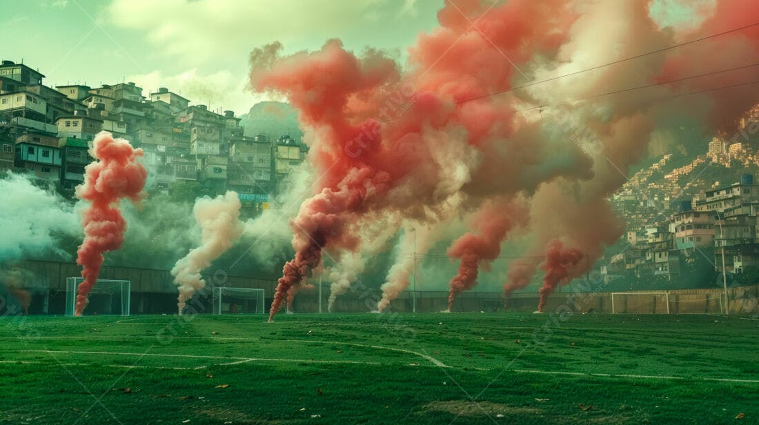Campo de futebol com fumaça vermelha e favela ao fundo