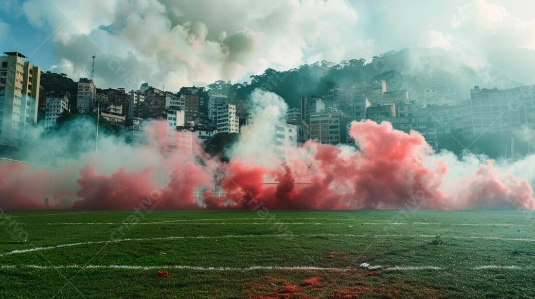 Fumaça vermelha em campo de futebol cidade