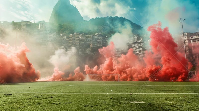 Imagem de fundo campo de futebol na favela com fumaça vermelha 14