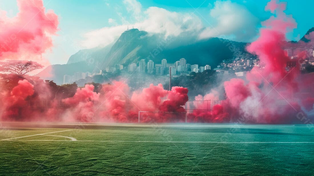Campo de futebol com fumaça rosa e cidade ao fundo