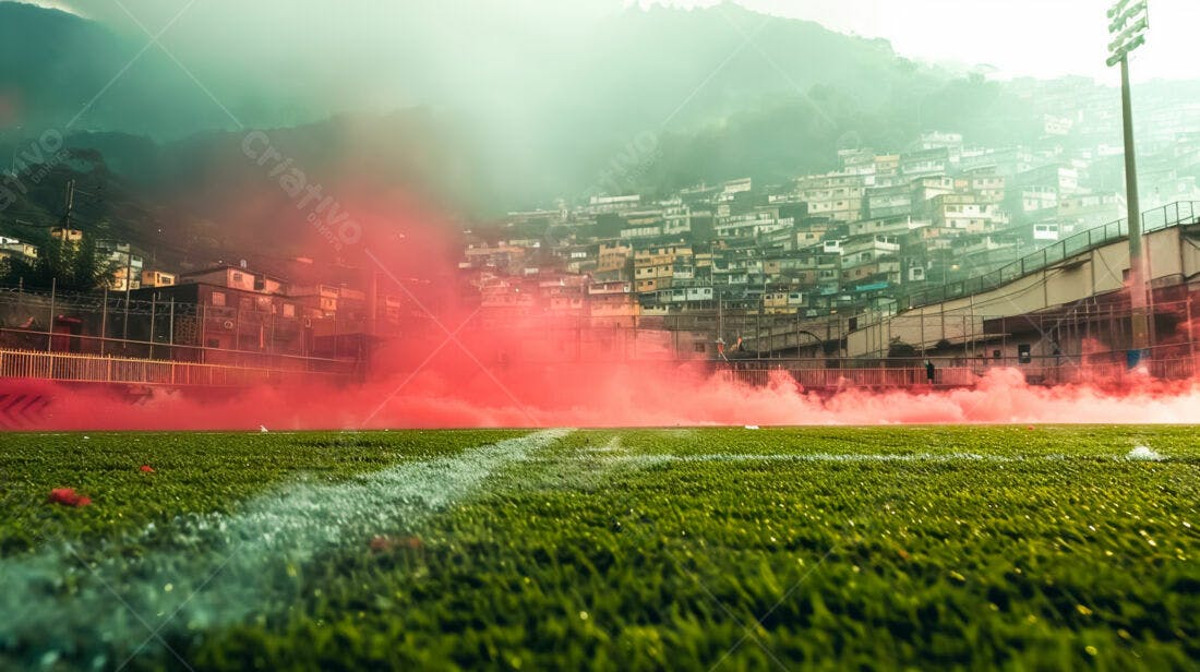 Fumaça vermelha em campo de futebol favela