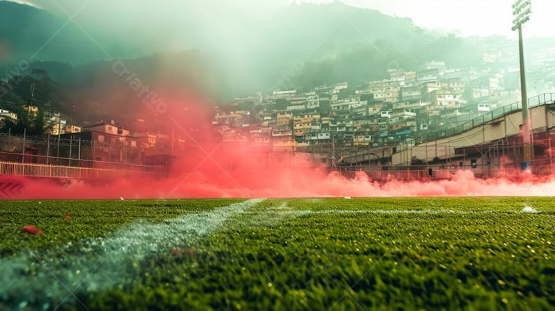 Imagem de fundo campo de futebol na favela com fumaça vermelha 16