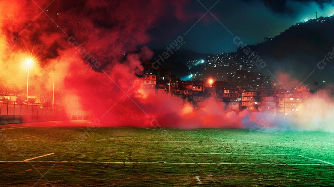 Campo de futebol com fumaça vermelha e verde à noite